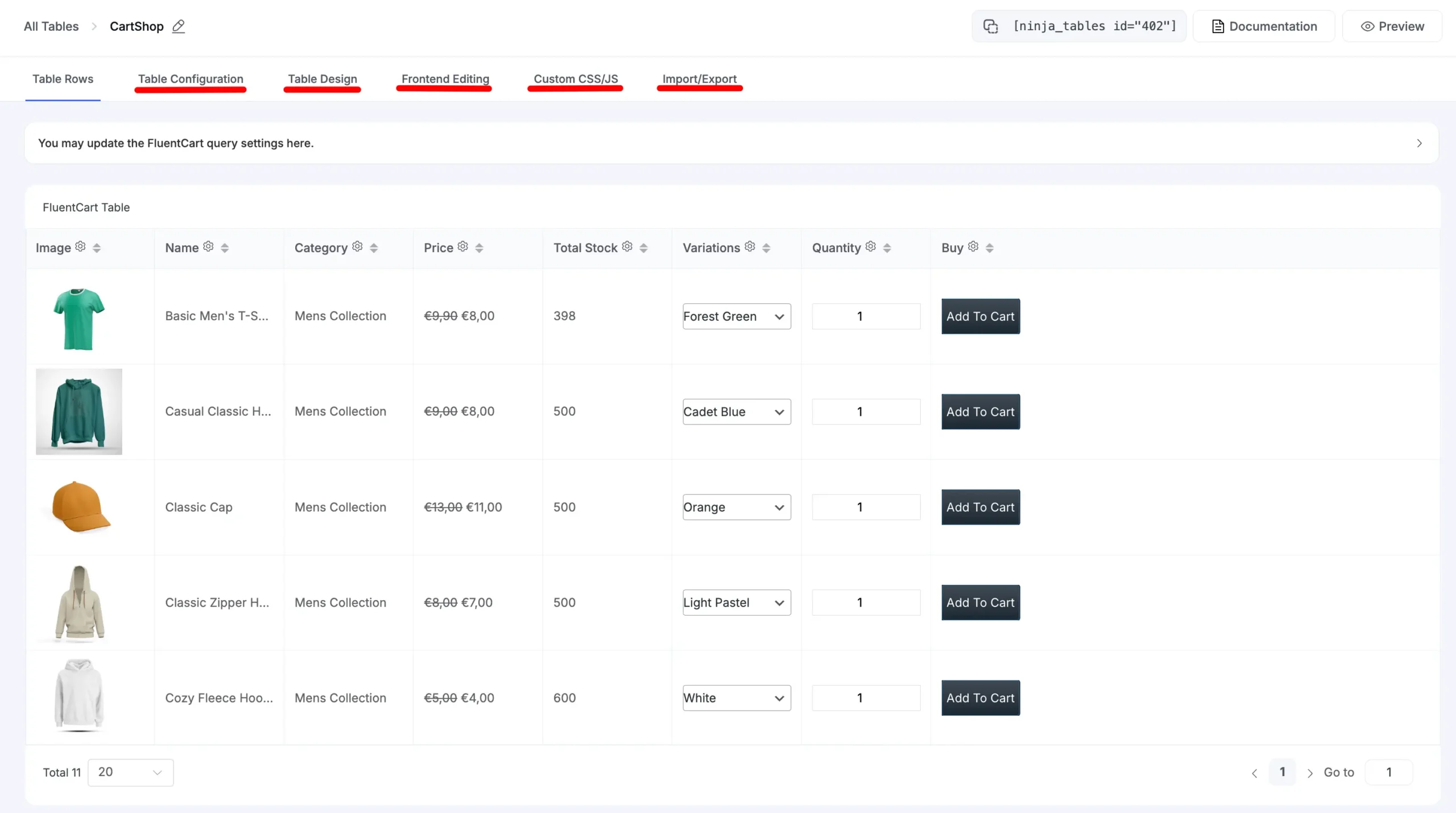 FluentCart product table on the front end