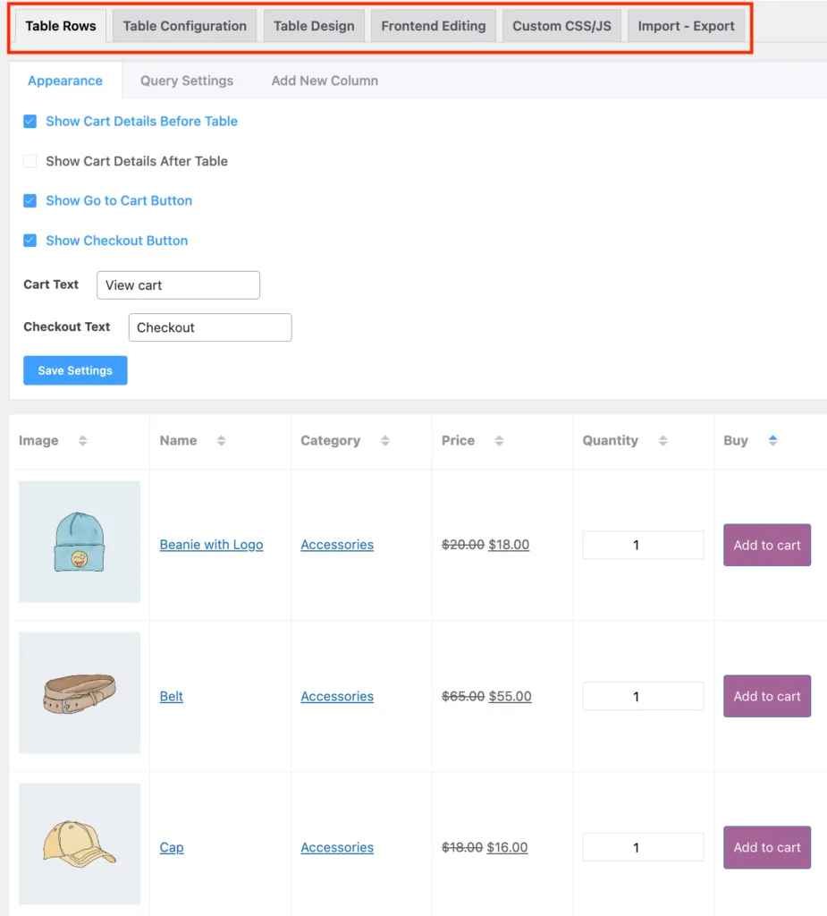 WooCommerce product table