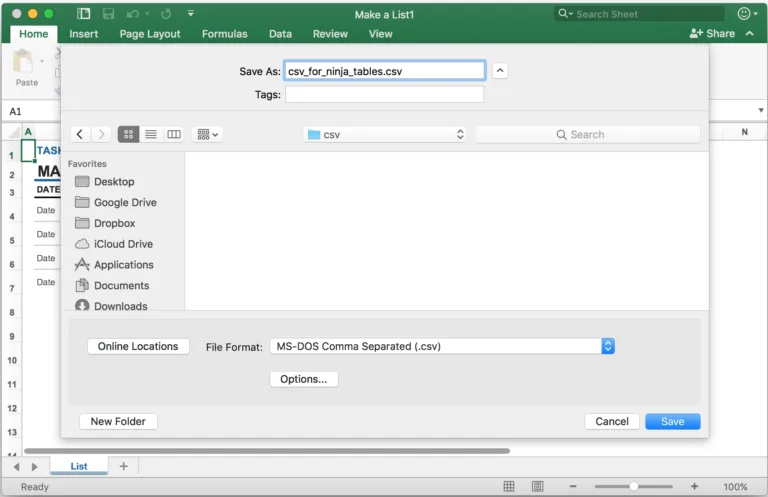 Export As MS-DOS comma-separated (.csv) format