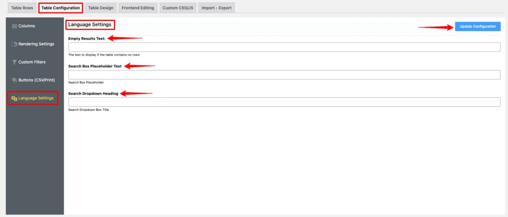 language settings in ninja tables