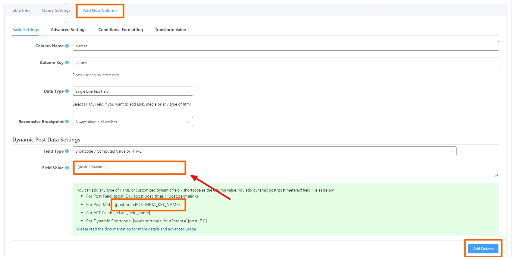 Dynamic Post Data Settings